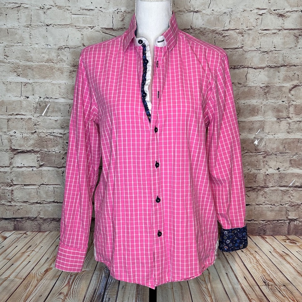 Coogi Luxe Mens Dress Shirt Pink White Blue Floral Collar and Cuff Sz M 15.5/16